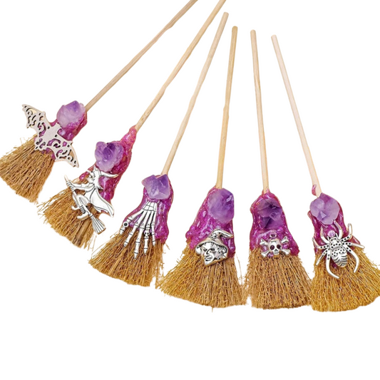 Amethyst Mini Broom w/ Halloween Charm