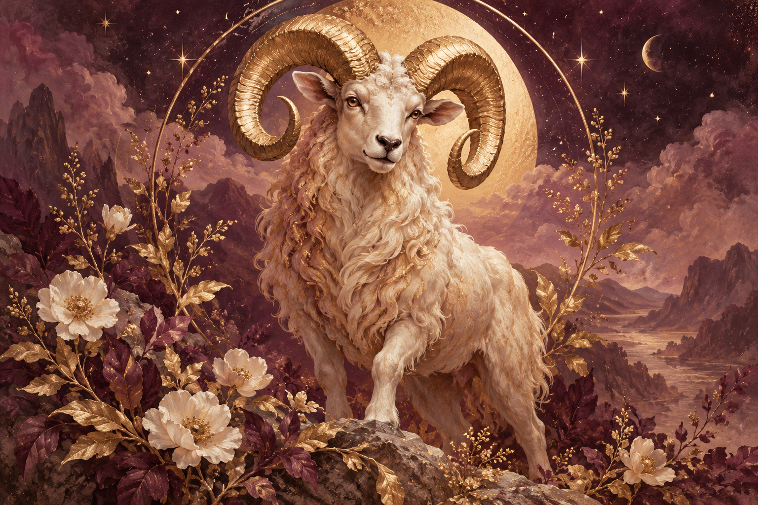Aries zodiac illustration in plum and gold