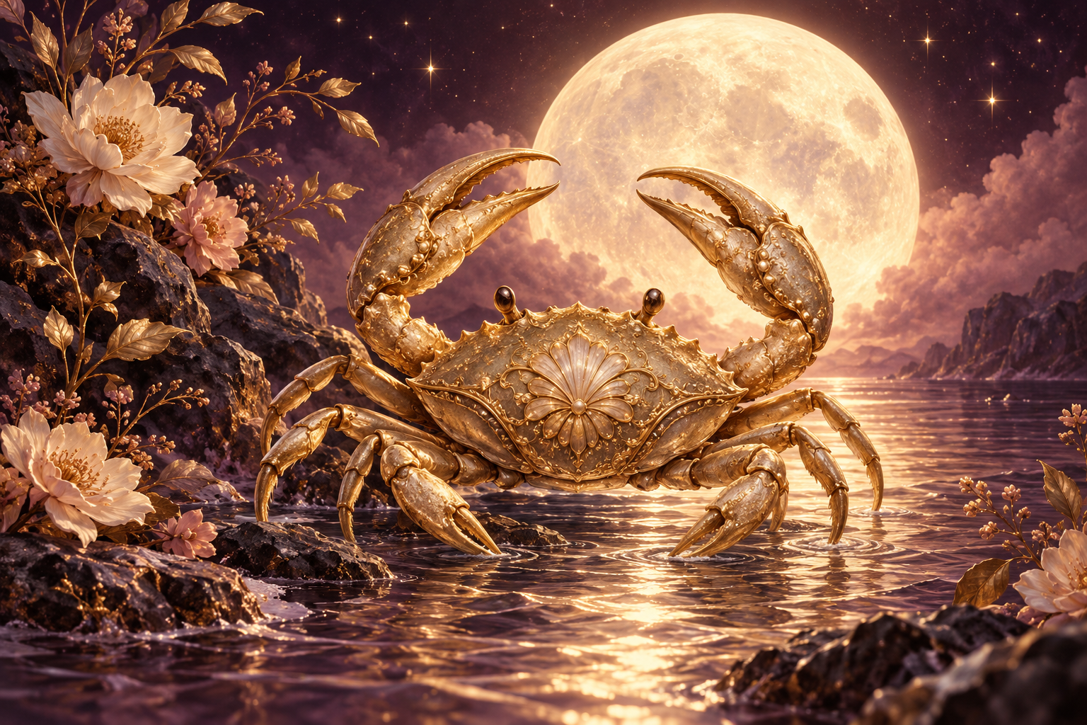 Cancer zodiac illustration in plum and gold
