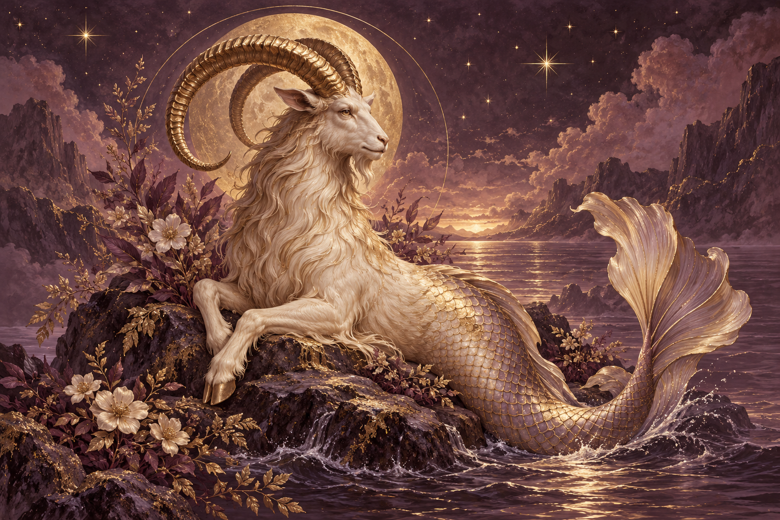 Capricorn zodiac illustration in plum and gold