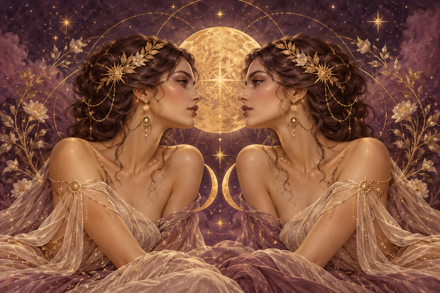 Gemini zodiac illustration in plum and gold