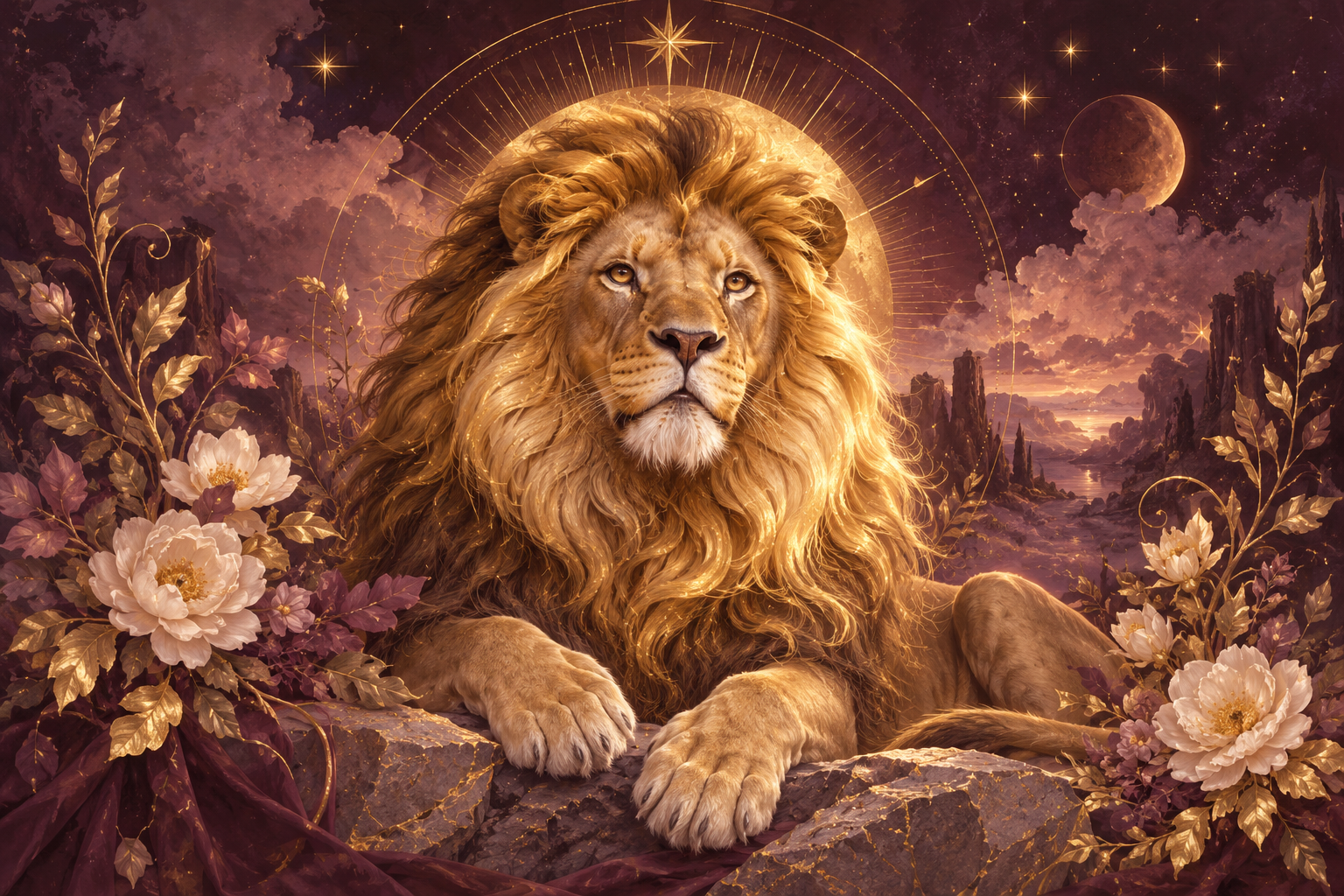Leo zodiac illustration in plum and gold