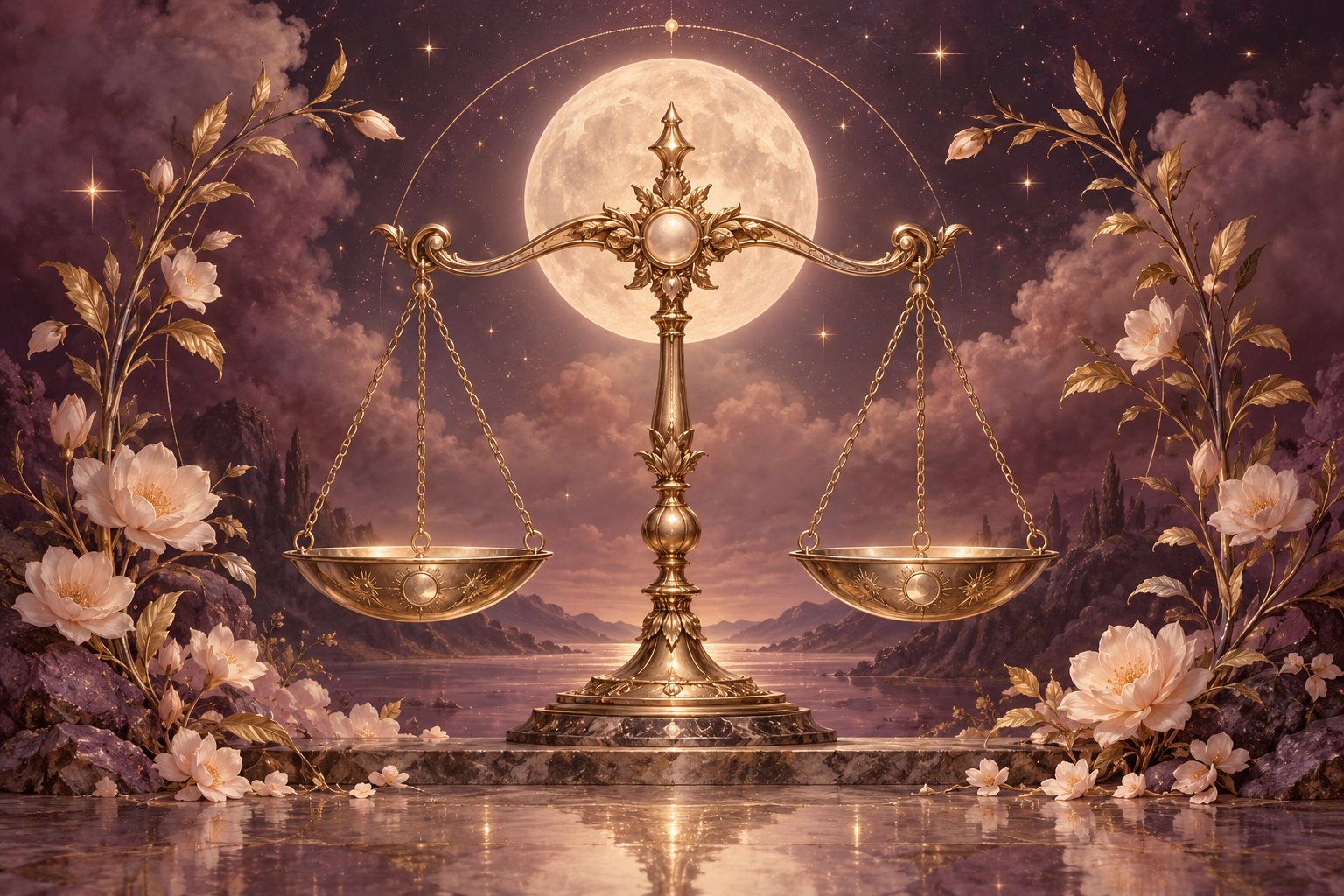 Libra zodiac illustration in plum and gold