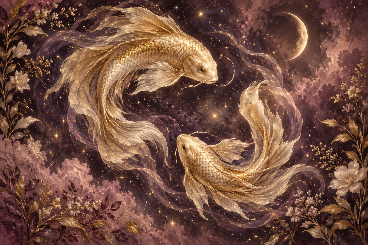 Pisces zodiac illustration in plum and gold