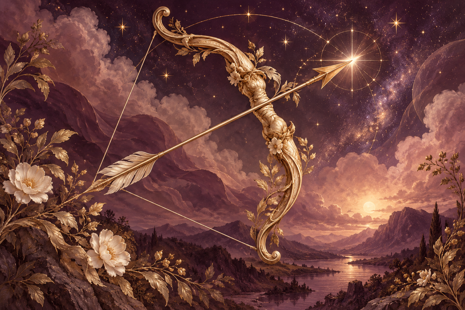 Sagittarius zodiac illustration in plum and gold