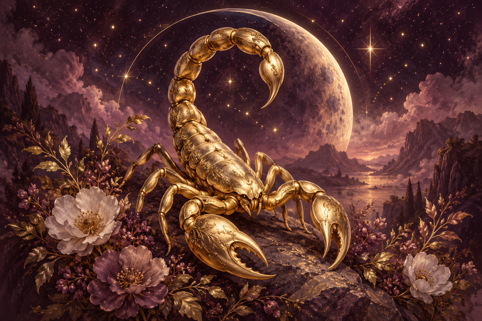 Scorpio zodiac illustration in plum and gold