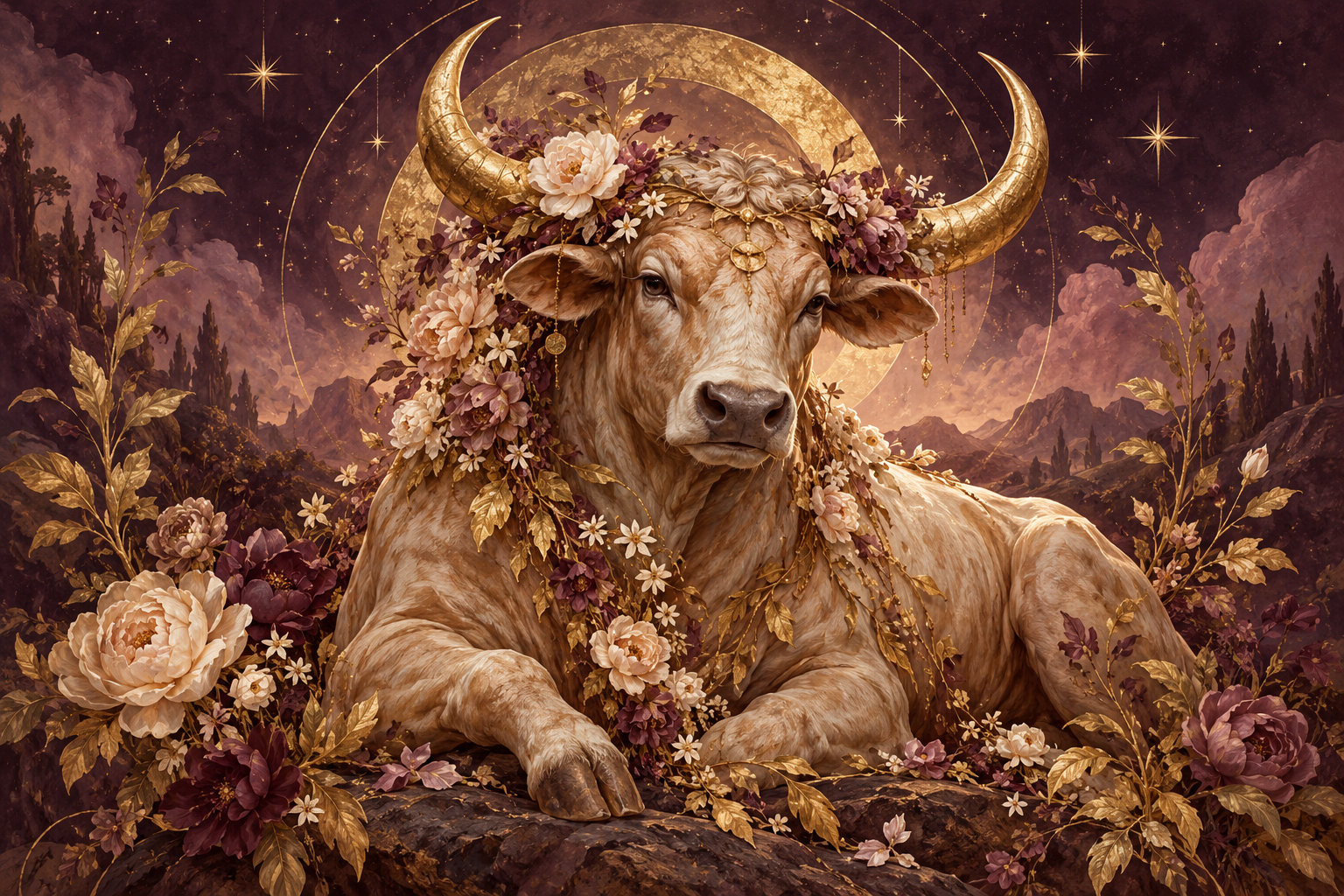 Taurus zodiac illustration in plum and gold