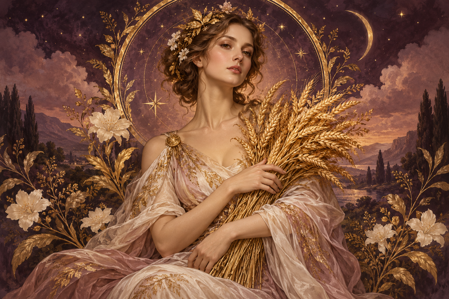 Virgo zodiac illustration in plum and gold