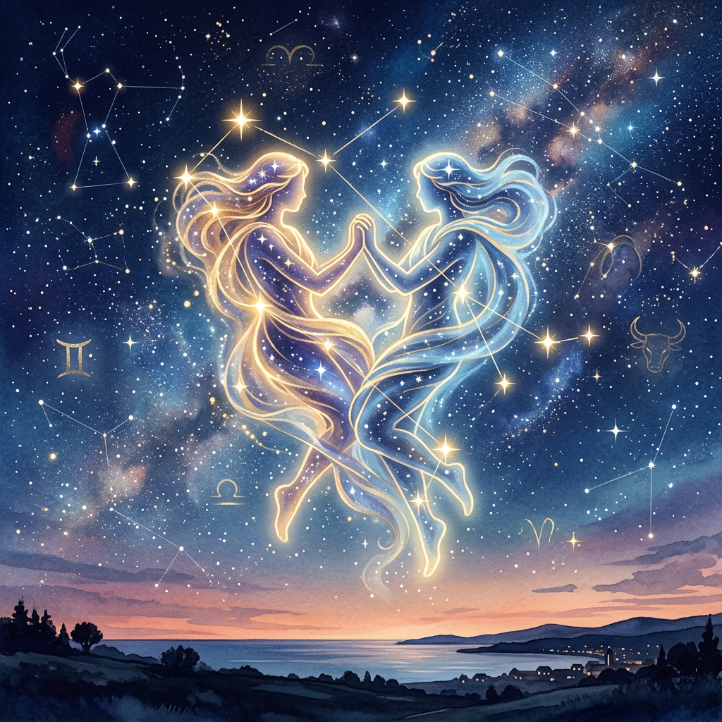Golden and blue celestial twins touching hands above a coastal landscape